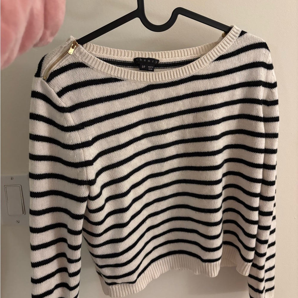 Theory Black and White Striped Crew Neck Sweater